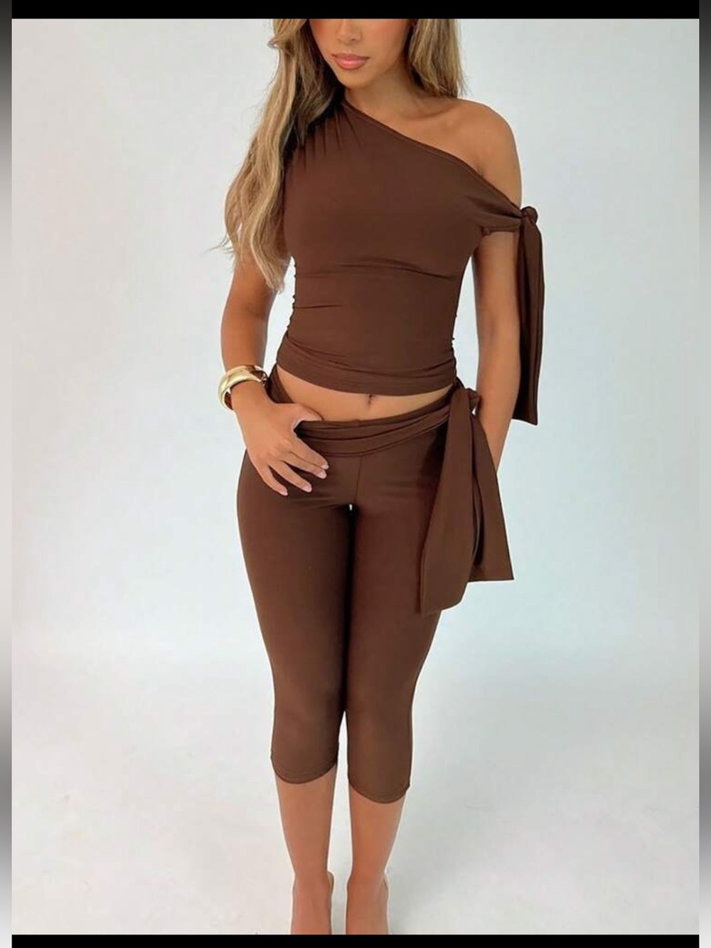 SHEIN Brown One-Shoulder Crop Top & Capri Set